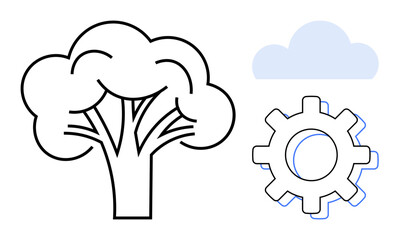 Outline of a tree, gear, and cloud symbolizing sustainability, innovation, and nature. Ideal for environmental technology, green energy, eco-friendly innovation, smart systems renewable resources