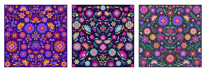 Vibrant traditional folk style Mexican floral design. Seamless colorful Asian pattern. Symmetrical art botanical elements. Festival, Indian, Turkish, Pakistani motifs for print, fabric, textile. © Avril