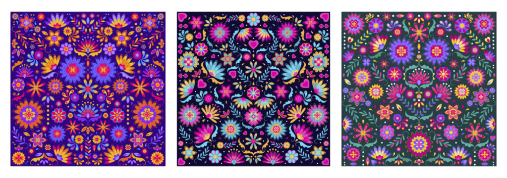 Vibrant traditional folk style Mexican floral design. Seamless colorful Asian pattern. Symmetrical art botanical elements. Festival, Indian, Turkish, Pakistani motifs for print, fabric, textile.