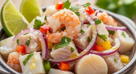 Delicious Ceviche with Fresh Seafood with Lime, Red Onion, and Cilantro, and close up.