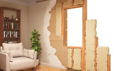 3D cross section of house wall showing interior and wall structure with insulation, wooden frame and drywall
