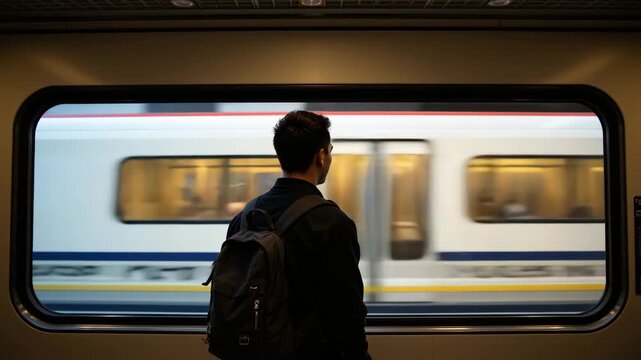 Waiting for Departure: A lone traveler gazes thoughtfully through a train window, the blurry streaks of a passing train hinting at journeys and the ebb and flow of life. 