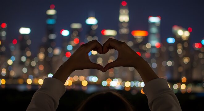 Hands forming heart shape against blurred city lights at night bokeh - Powered by Adobe