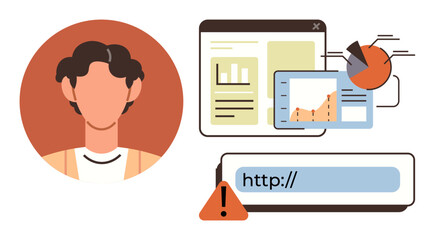 Person icon next to analytical charts, graphs, browser windows, and URL bar with alert icon. Ideal for cybersecurity, analytics, internet safety, online performance, user privacy data monitoring