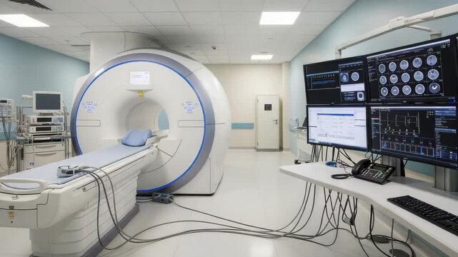A modern mri scanner in a hospital room with a control panel and monitors displaying medical images and data