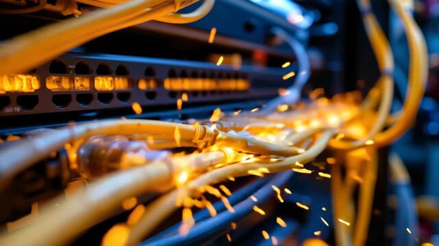 Cyber Sparks: A detailed shot captures the intensity of sparks erupting from a tangled web of data cables, hinting at the power and complexity of modern digital networks.
