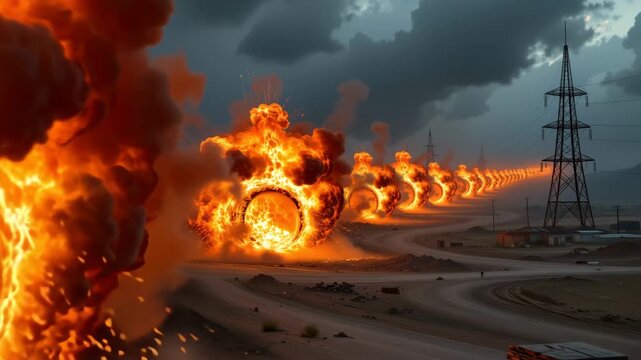 Inferno on the Road: Dramatic scene of intense fire engulfing a desolate road, creating a stark contrast with the distant power lines and a stormy sky. Reflecting destruction.