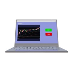 3D render of a laptop displaying a stock trading interface with candlestick chart and buy sell buttons representing online investment, fintech technology, digital stock market, Isolated on White.