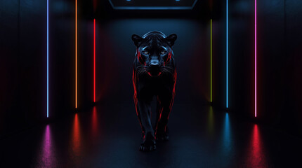 Black panther in a dark room with led lights