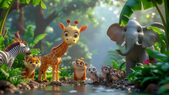 A group of adorable cartoon jungle animals, including a giraffe, elephant, zebra, and smaller creatures, gather by a stream in a lush, vibrant forest setting.