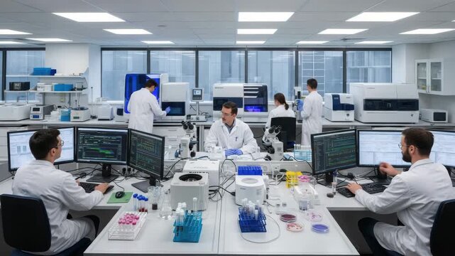 Scientists working in a modern laboratory with advanced equipment and computers for research and development