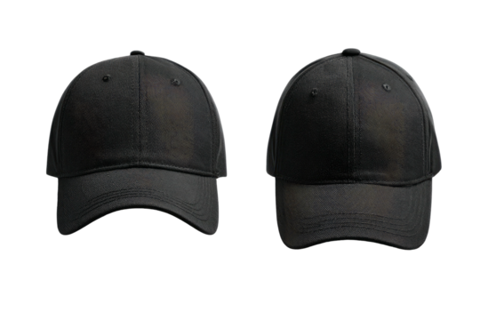 Two black baseball caps, front view