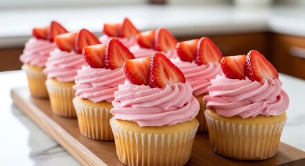 Delicious Strawberry Cupcakes with Pink Frosting, and Gourmet Dessert on Wood Platter.