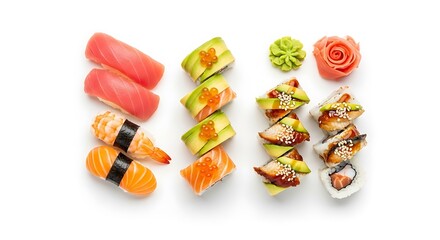 Delicious Sushi Arrangement on White Background Fresh Nigiri  Rolls.