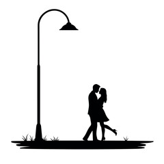 Romantic couple silhouette sharing an intimate moment under a lamppost.