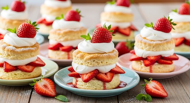 Delicious Strawberry Shortcakes with Whipped Cream on Colorful Plates  Dessert.