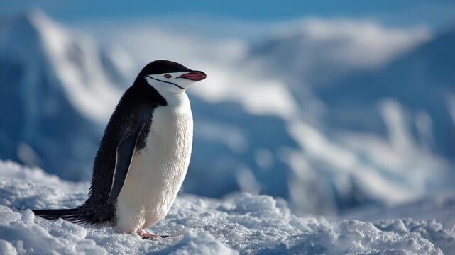 Penguin standing on snow with blurred mountain range in the background