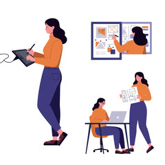 Set of a female designer character in different work poses.