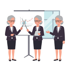 Set of an older business woman character giving a presentation.