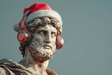 Ancient Greek statue decked out in a Santa hat and headphones celebrating the holiday season in an artistic twist