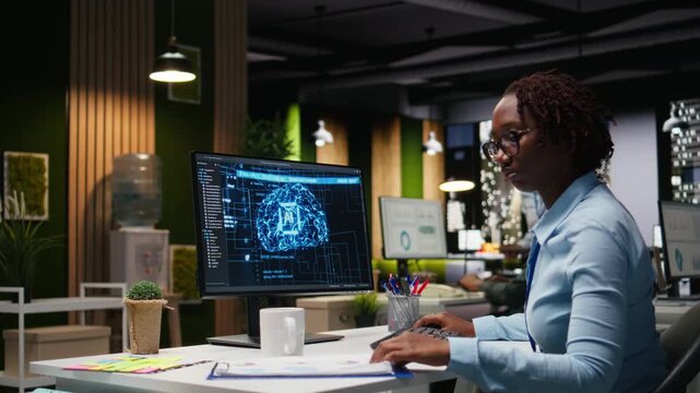 Professional analyst reviewing KPI reports with artificial intelligence tools on computer, working with AI neural networks for machine learning. Emphasizing innovation and optimization. Camera A.