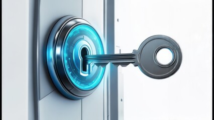 A key unlocks a digital lock, with glowing blue details. The setting is a metal vault door