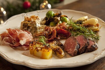 Elegant Christmas Dinner Plate with Roast Meat Vegetables and Garnish