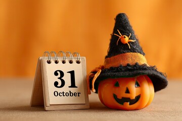 Halloween Pumpkin with Witch Hat and Calendar Showing October 31st