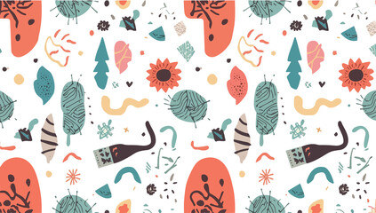 Vibrant pattern illustration in flat design style, featuring a mix of geometric shapes and swirling lines, with a pastel color palette and bold accents png Transparent 