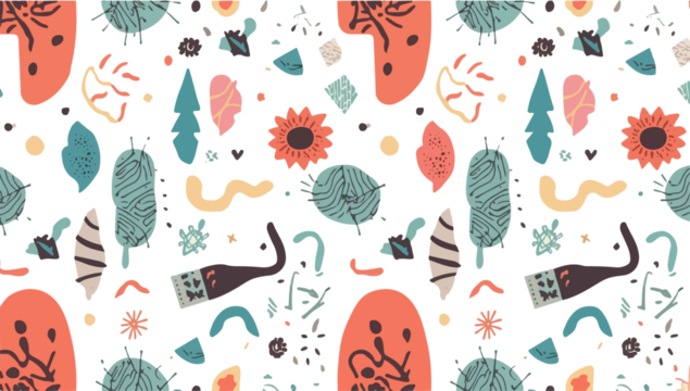 Vibrant pattern illustration in flat design style, featuring a mix of geometric shapes and swirling lines, with a pastel color palette and bold accents png Transparent 