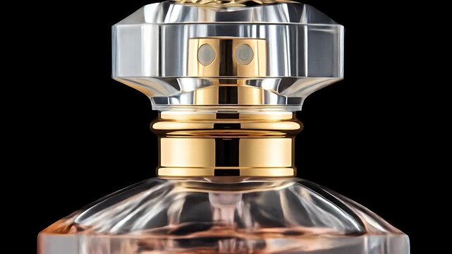 Elegant glass perfume bottle with gold accents on black background.