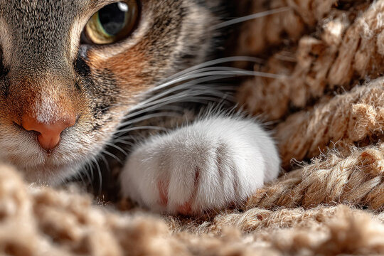 Close up of a curious cat peeking over a soft textured blanket, with whiskers and a white paw in sharp focus, warm light, intimate cozy moment.