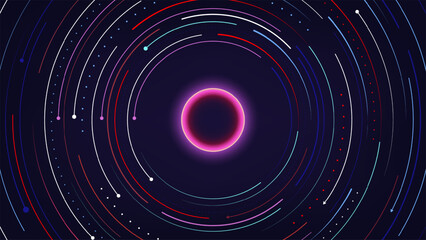 futuristic abstract digital background with glowing sphere and neon rings showcasing cyber technology style and cosmic motion for sci fi art design and virtual space concepts