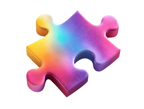 A vibrant, single jigsaw puzzle piece with a rainbow gradient and a slightly textured/satin finish, viewed from a diagonal, raised perspective.