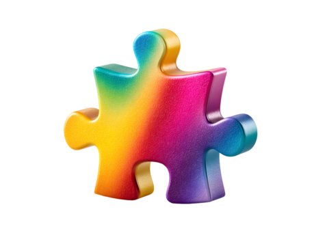 A vibrant, single jigsaw puzzle piece featuring a rainbow gradient and a slightly textured/satin finish, with soft, rounded edges. - Powered by Adobe