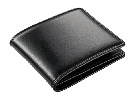 A sleek bifold leather wallet in a smooth, semi-gloss black finish, viewed at an elevated diagonal angle, showcasing the thickness and subtle brown edge stitching.