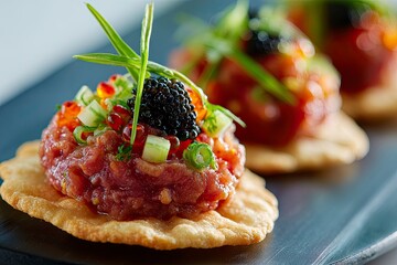 Elegant Appetizer Tartlet with Fresh Tuna and Black Caviar on Crispy Base