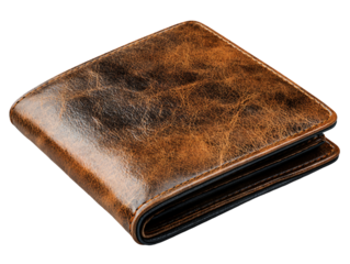 A compact bifold leather wallet in a rich, highly textured dark brown/distressed finish, viewed at an elevated diagonal angle and slightly ajar.