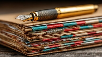 Elegant fountain pen resting on vintage stacked envelopes and paper