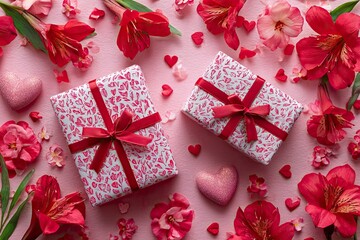 Pink Floral Gift Boxes with Red Ribbons on Pink Background with Hearts and Flowers