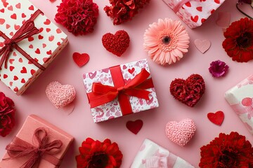 Valentine's Day Gifts with Heart-shaped Decorations and Flowers on Pink Background