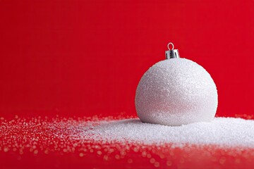 White Christmas Ornament with Textured Surface on Red Background Holiday Decoration Festive Scene