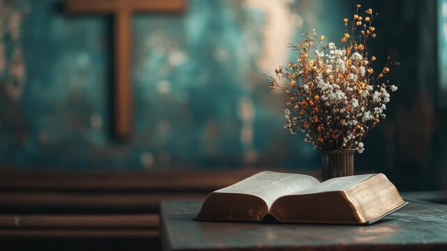 Open book on table next to floral arrangement in vase, with cross background
