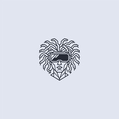 Medusa with VR glasses line art myth and tech fusion logo design.