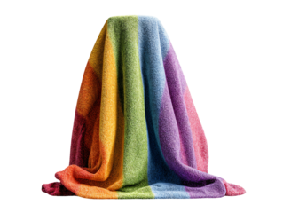 A large terry cloth towel draped over an unseen object, creating a voluminous, conical shape. It features bold vertical stripes in rainbow/LGBTQ+ colors.