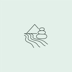 River and rocks line art calm nature landscape logo design.