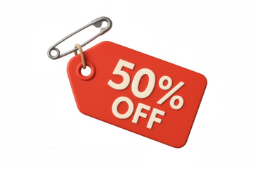 Red price tag showing 50% off discount, attached with safety pin, commercial promotion element
