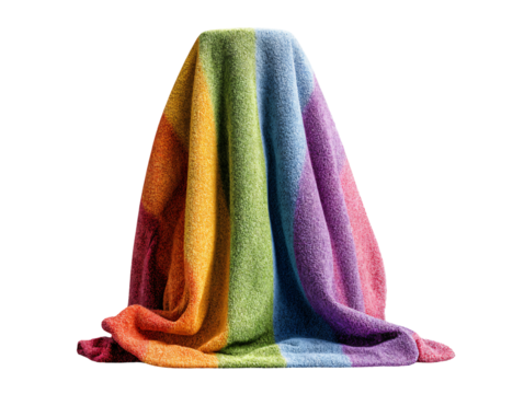A large terry cloth towel draped over an unseen object, creating a voluminous, conical shape. It features bold vertical stripes in rainbow/LGBTQ+ colors.