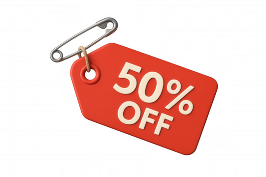 Red price tag showing 50% off discount, attached with safety pin, commercial promotion element