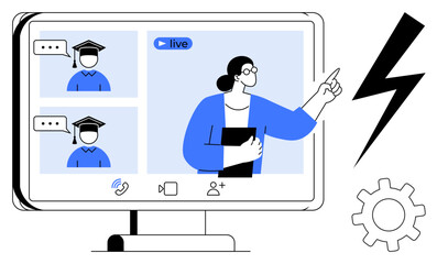 Female instructor pointing at screen while teaching live online class to students in graduation caps. Ideal for e-learning, remote education, virtual meetings, webinars, training, online